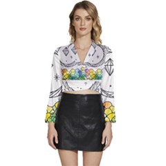 Rainbow Fun Cute Minimal Doodle Drawing Long Sleeve Tie Back Satin Wrap Top