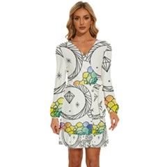 Rainbow Fun Cute Minimal Doodle Drawing Long Sleeve Waist Tie Ruffle Velvet Dress by Ravend