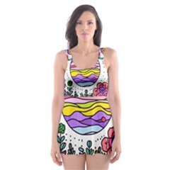 Rainbow Fun Cute Minimal Doodle Drawing Unique Skater Dress Swimsuit by Ravend