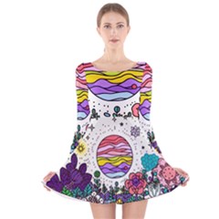 Rainbow Fun Cute Minimal Doodle Drawing Unique Long Sleeve Velvet Skater Dress by Ravend