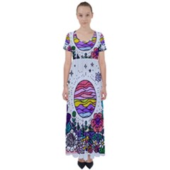 Rainbow Fun Cute Minimal Doodle Drawing Unique High Waist Short Sleeve Maxi Dress by Ravend