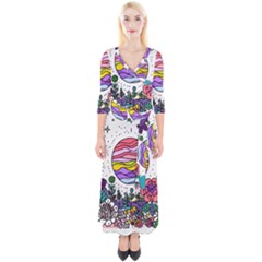 Rainbow Fun Cute Minimal Doodle Drawing Unique Quarter Sleeve Wrap Maxi Dress by Ravend