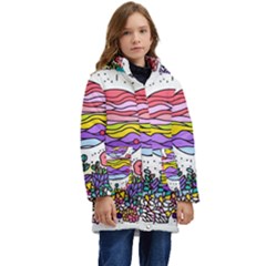 Rainbow Fun Cute Minimal Doodle Drawing Unique Kid s Hooded Longline Puffer Jacket by Ravend