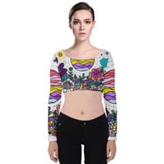 Rainbow Fun Cute Minimal Doodle Drawing Unique Velvet Long Sleeve Crop Top by Ravend