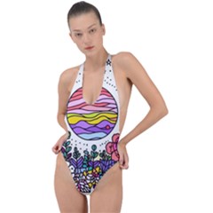 Rainbow Fun Cute Minimal Doodle Drawing Unique Backless Halter One Piece Swimsuit by Ravend