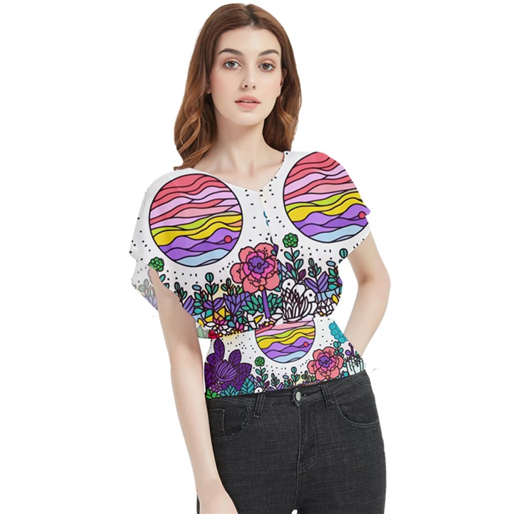 Rainbow Fun Cute Minimal Doodle Drawing Unique Butterfly Chiffon Blouse