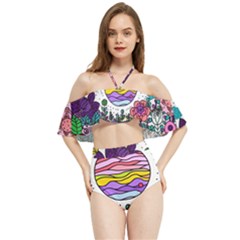 Rainbow Fun Cute Minimal Doodle Drawing Unique Halter Flowy Bikini Set  by Ravend