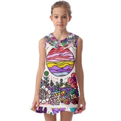 Rainbow Fun Cute Minimal Doodle Drawing Unique Kids  Pilgrim Collar Ruffle Hem Dress by Ravend