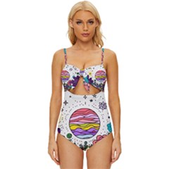 Rainbow Fun Cute Minimal Doodle Drawing Unique Knot Front One-piece Swimsuit by Ravend