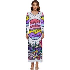 Rainbow Fun Cute Minimal Doodle Drawing Unique Long Sleeve Longline Maxi Dress by Ravend