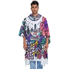 Rainbow Fun Cute Minimal Doodle Drawing Unique Men s Hooded Rain Ponchos by Ravend