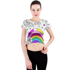 Rainbow Fun Cute Minimal Doodle Drawing Art Crew Neck Crop Top by Ravend