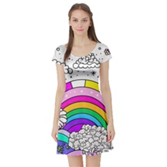 Rainbow Fun Cute Minimal Doodle Drawing Art Short Sleeve Skater Dress by Ravend