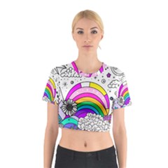 Rainbow Fun Cute Minimal Doodle Drawing Art Cotton Crop Top by Ravend