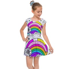 Rainbow Fun Cute Minimal Doodle Drawing Art Kids  Cap Sleeve Dress by Ravend