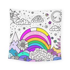 Rainbow Fun Cute Minimal Doodle Drawing Art Square Tapestry (small) by Ravend