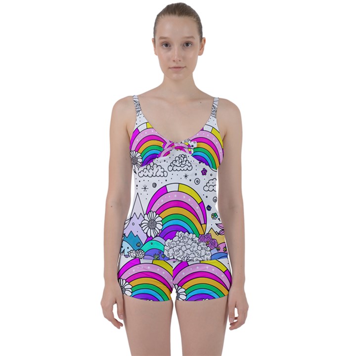 Rainbow Fun Cute Minimal Doodle Drawing Art Tie Front Two Piece Tankini