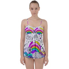 Rainbow Fun Cute Minimal Doodle Drawing Art Babydoll Tankini Set by Ravend