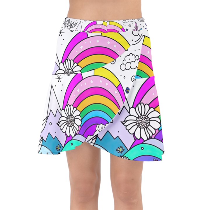 Rainbow Fun Cute Minimal Doodle Drawing Art Wrap Front Skirt