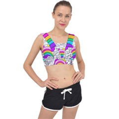 Rainbow Fun Cute Minimal Doodle Drawing Art V-back Sports Bra by Ravend