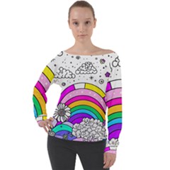 Rainbow Fun Cute Minimal Doodle Drawing Art Off Shoulder Long Sleeve Velour Top