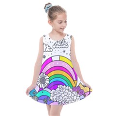 Rainbow Fun Cute Minimal Doodle Drawing Art Kids  Summer Dress by Ravend