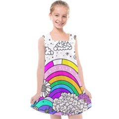 Rainbow Fun Cute Minimal Doodle Drawing Art Kids  Cross Back Dress by Ravend