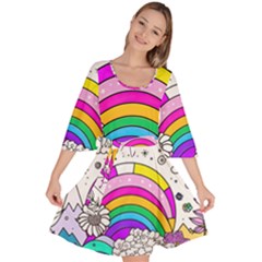 Rainbow Fun Cute Minimal Doodle Drawing Art Velour Kimono Dress by Ravend