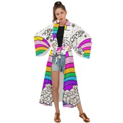 Rainbow Fun Cute Minimal Doodle Drawing Art Maxi Kimono by Ravend