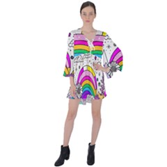 Rainbow Fun Cute Minimal Doodle Drawing Art V-neck Flare Sleeve Mini Dress by Ravend