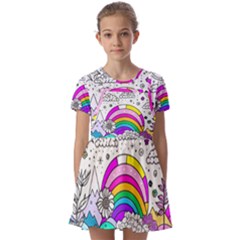 Rainbow Fun Cute Minimal Doodle Drawing Art Kids  Short Sleeve Pinafore Style Dress