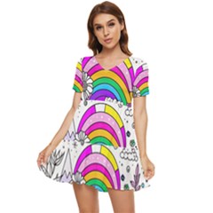 Rainbow Fun Cute Minimal Doodle Drawing Art Tiered Short Sleeve Babydoll Dress by Ravend