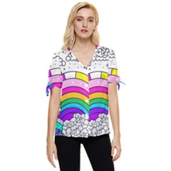 Rainbow Fun Cute Minimal Doodle Drawing Art Bow Sleeve Button Up Top by Ravend