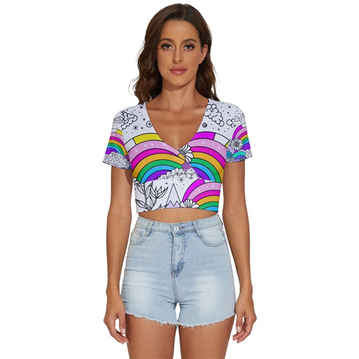 Rainbow Fun Cute Minimal Doodle Drawing Art V-Neck Crop Top