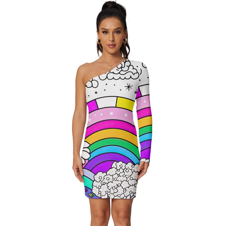 Rainbow Fun Cute Minimal Doodle Drawing Art Long Sleeve One Shoulder Mini Dress