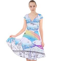 Rainbow Fun Cute Minimal Doodle Drawing Arts Cap Sleeve Front Wrap Midi Dress by Ravend