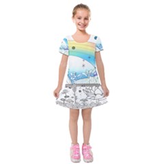 Rainbow Fun Cute Minimal Doodle Drawing Arts Kids  Short Sleeve Velvet Dress by Ravend