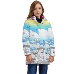 Rainbow Fun Cute Minimal Doodle Drawing Arts Kid s Hooded Longline Puffer Jacket by Ravend