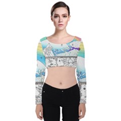 Rainbow Fun Cute Minimal Doodle Drawing Arts Velvet Long Sleeve Crop Top by Ravend