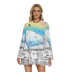 Rainbow Fun Cute Minimal Doodle Drawing Arts Round Neck Long Sleeve Bohemian Style Chiffon Mini Dress by Ravend