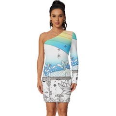 Rainbow Fun Cute Minimal Doodle Drawing Arts Long Sleeve One Shoulder Mini Dress by Ravend