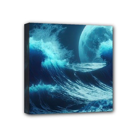 Moonlight High Tide Storm Tsunami Waves Ocean Sea Mini Canvas 4  X 4  (stretched) by Ravend