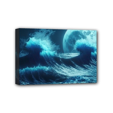 Moonlight High Tide Storm Tsunami Waves Ocean Sea Mini Canvas 6  X 4  (stretched) by Ravend