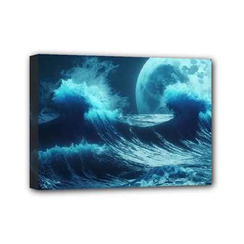 Moonlight High Tide Storm Tsunami Waves Ocean Sea Mini Canvas 7  X 5  (stretched) by Ravend