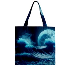 Moonlight High Tide Storm Tsunami Waves Ocean Sea Zipper Grocery Tote Bag by Ravend