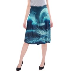 Moonlight High Tide Storm Tsunami Waves Ocean Sea Midi Beach Skirt by Ravend