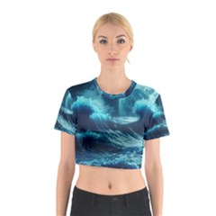 Moonlight High Tide Storm Tsunami Waves Ocean Sea Cotton Crop Top by Ravend