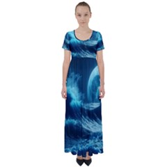 Moonlight High Tide Storm Tsunami Waves Ocean Sea High Waist Short Sleeve Maxi Dress by Ravend