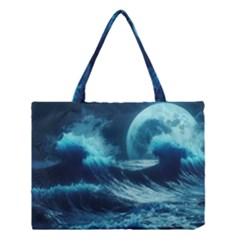 Moonlight High Tide Storm Tsunami Waves Ocean Sea Medium Tote Bag by Ravend