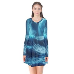 Moonlight High Tide Storm Tsunami Waves Ocean Sea Long Sleeve V-neck Flare Dress by Ravend